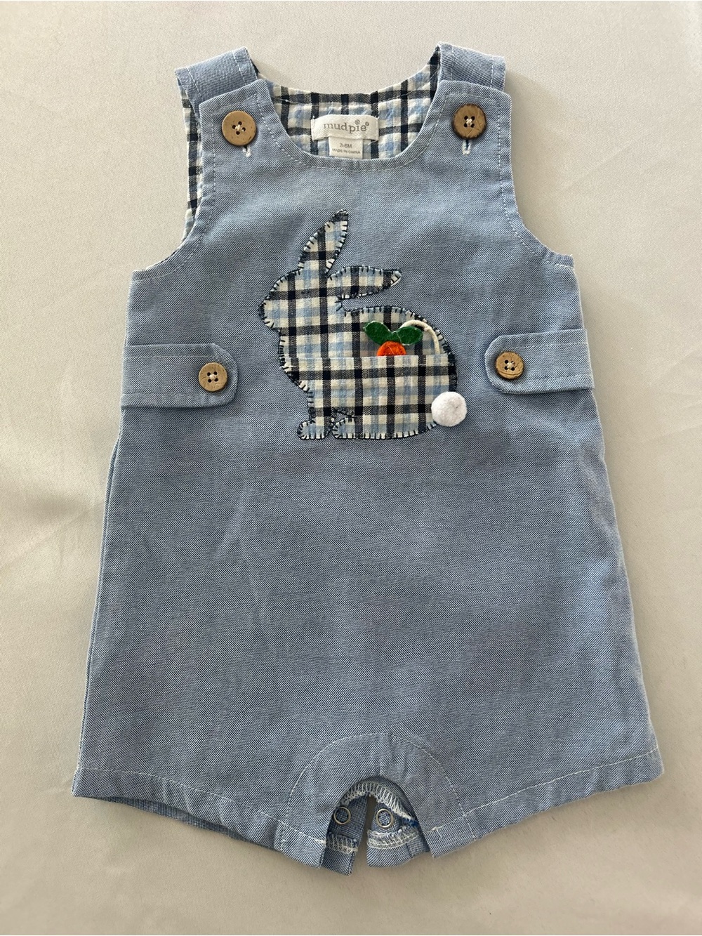 Mud Pie Blue Bunny Appliqué Baby Romper Jon Jon EUC